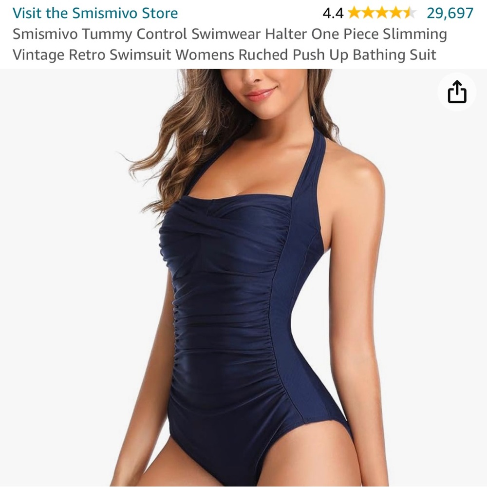 Tummy Control Swimwear Halter One Piece Ruched Push Up size large navy blue